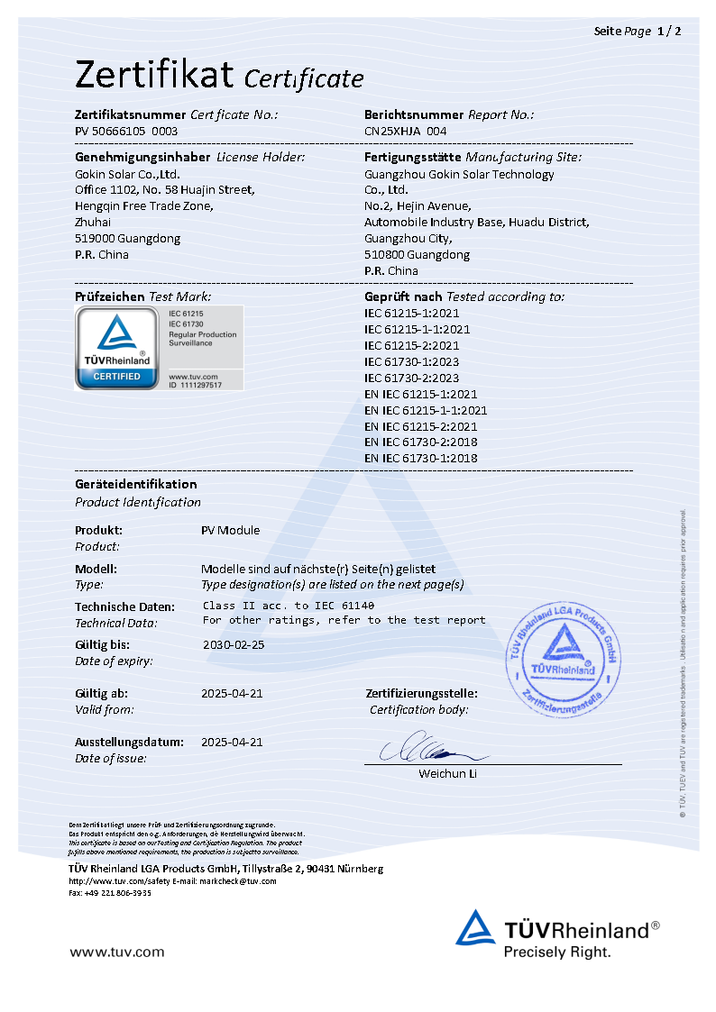 IEC61215&IEC61730 T?V Certyfikat BC modu?u jednoszybowy